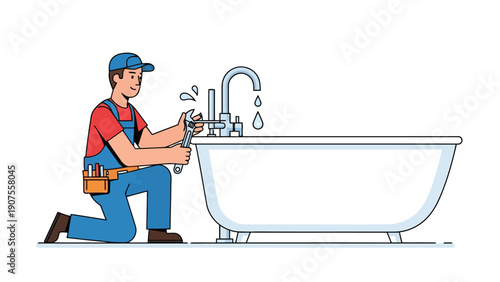 Plumber kneeling beside a bathtub tightening a leaky faucet with a wrench