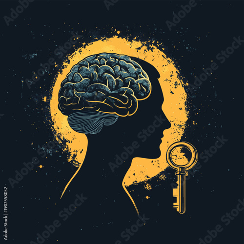 Man unlocking brain with key symbolizing knowledge and insight concept of mental freedom and clarity , vector style simple color
