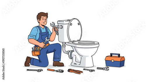 Plumber kneeling beside a toilet holding wrenches with tools nearby