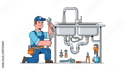 Plumber kneeling beside a double kitchen sink fixing pipes underneath with wrenches