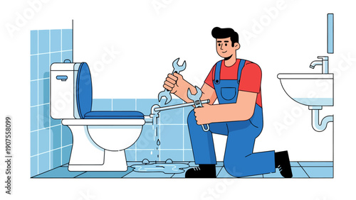 Plumber kneeling by a leaking toilet using wrenches with a sink nearby
