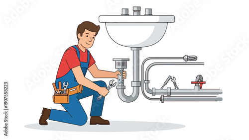 Plumber kneeling fixing a clogged sink drainpipe with a wrench