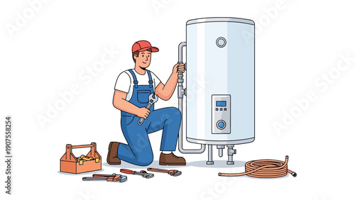 Plumber kneeling fixing a large white cylindrical water heater with a wrench