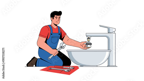 Plumber kneeling fixing a modern sink faucet with tools nearby
