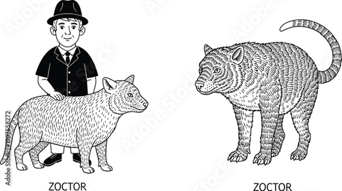 Stylized illustration showing a man with a hat next to a Tasmanian devil, and a separate illustration of a Tasmanian devil.
