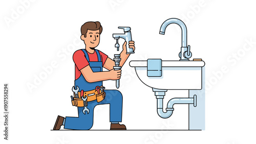 Plumber kneeling installing a sink faucet with tools visible