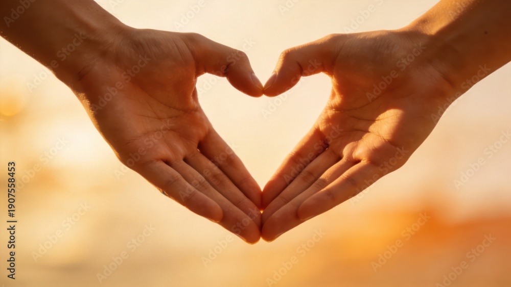Obraz premium Human hands forming a heart shape against warm sunlight background,concept of love,care,connection and emotional support for relationships,mental health,wedding and wellness communication