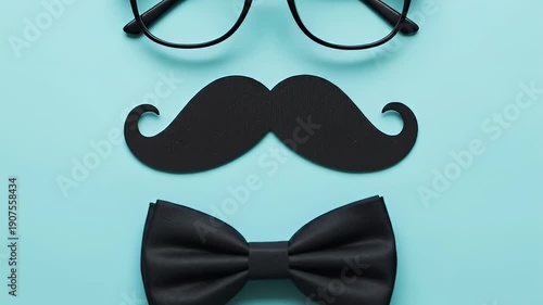 Gentlemans accessories including glasses mustache and bow tie on blue background.