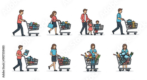 Diverse Group of People Pushing Shopping Carts Filled with Groceries.