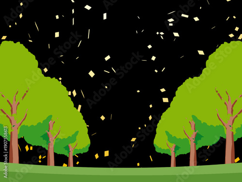 木、自然、秋、風景、背景、イラスト、樹木、植物、黄色、森、樹、