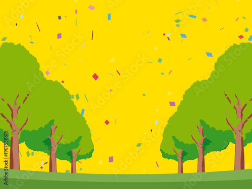 木、自然、秋、風景、背景、イラスト、樹木、植物、黄色、森、樹、