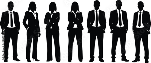 Collection of Seven Detailed Black Silhouettes Featuring Business Men and Women in Formal Professional Suits Standing in Various Poses for Corporate Graphic Designs