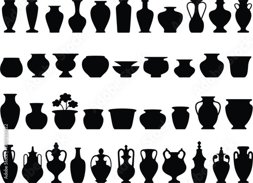 Collection of antique vase and pottery silhouettes isolated on white background, ceramic urns and amphora shapes vector illustration set