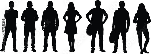 Collection of Seven Detailed Black Silhouettes Featuring Men and Women in Casual Apparel and Hoodies Standing in Various Poses for Social Graphic Designs
