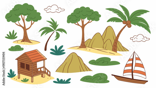 Vector landscape constructor set with trees, mountains, sand dunes, and beach house for scene creation.eps