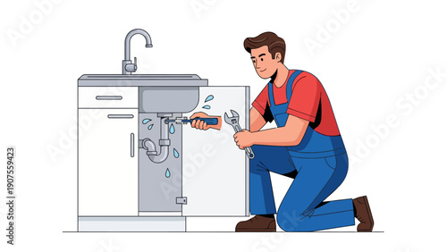 Plumber kneeling to fix a leaking kitchen sink pipe beneath a cabinet