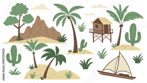 Collection of nature and travel landscape elements including beach, desert, mountains, and forest illustrations.eps