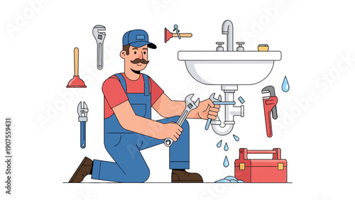 Plumber kneeling to fix a leaking sink drain with various tools surrounding him