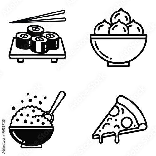 International food icons: sushi, dumplings, rice bowl, and pizza slice, representing diverse cuisine and global dining.