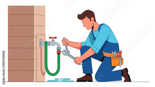 Plumber kneeling to fix a leaking outdoor spigot connected to a green hose