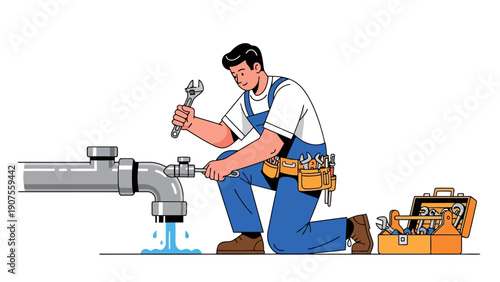 Plumber kneeling to repair a leaking pipe with a wrench toolbox nearby