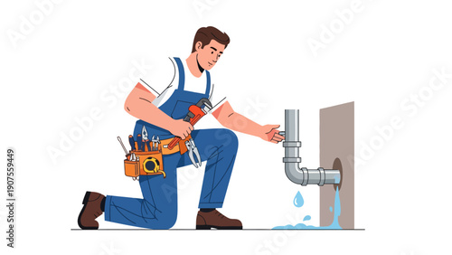 Plumber kneeling to repair a leaky pipe connection coming from a wall