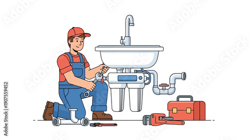 Plumber kneeling to fix a sink with undersink water filters and tools