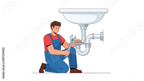 Plumber kneeling to repair sink trap using a wrench against a white background