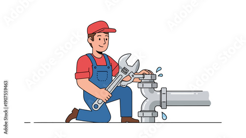 Plumber kneeling using a wrench on a leaking pipe fixture