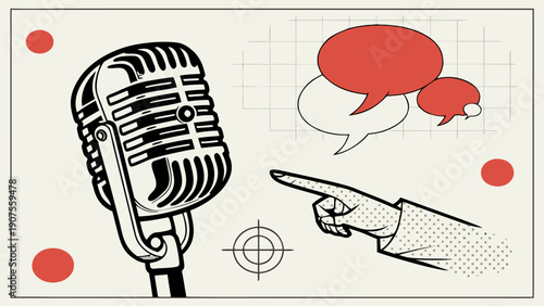 Retro Style Media Illustration with Vintage Microphone and Speech Bubbles.eps