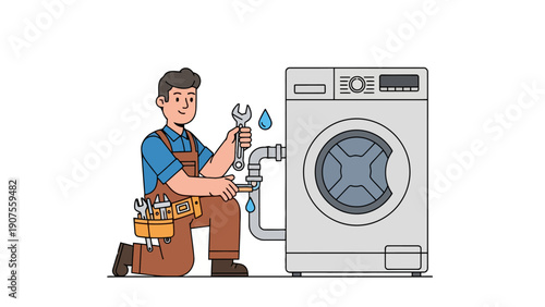 Plumber kneels next to a leaking washing machine hose holding tools