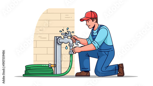 Plumber kneels fixing a leaking outdoor faucet connected to a garden hose