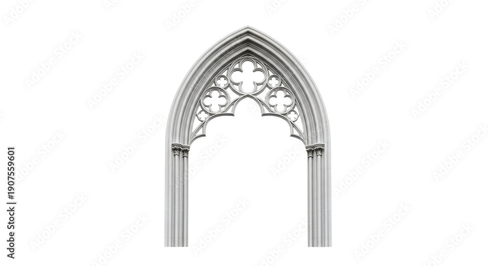 Fototapeta premium White Gothic Archway with quatrefoil tracery isolated on black architecture stone, Isolated On Png Transparent Background