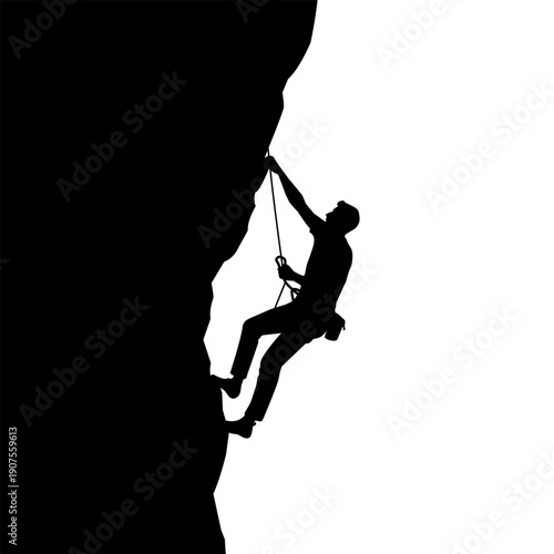 Black silhouette of a mountain climber scaling a steep cliff, symbolizing challenge, determination, risk, and success. Outdoor adventure concept with copy space