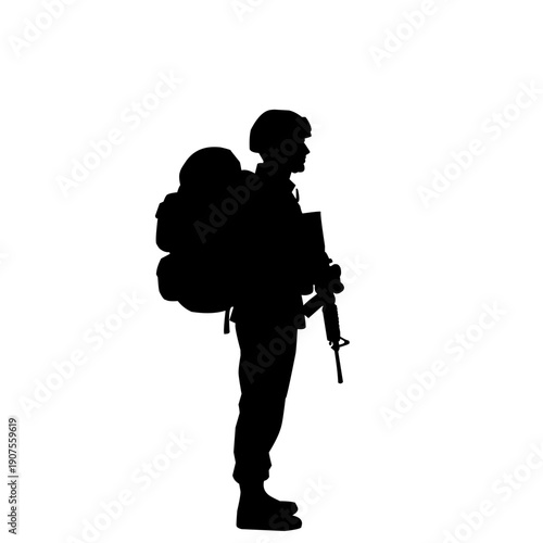 Black silhouette of a soldier standing with rifle, representing security, defense, protection, and military readiness. Minimalist isolated figure on white background