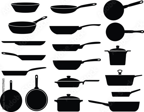 Cooking pan and pot silhouettes collection isolated on white background, kitchen cookware set with frying pans, saucepans and casseroles