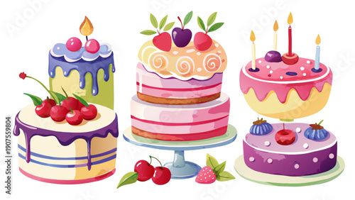 Watercolor set of assorted birthday cakes and sweet desserts with candles and fruit toppings isolated on white background.eps