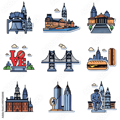 Collection of graphic vector icons showcasing famous landmarks cuisine and cultural symbols representing the city of Philadelphia
