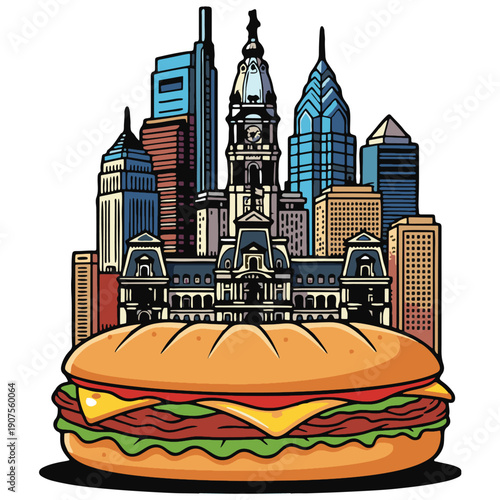Vibrant cartoon showcasing the iconic Philadelphia cityscape above a generously filled classic sub sandwich