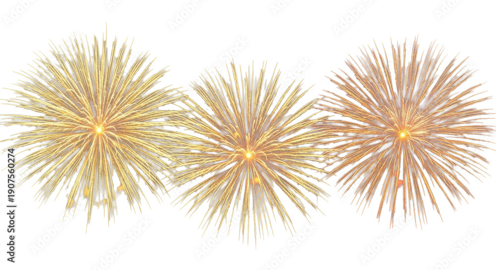 Obraz premium Three bursts of vibrant golden-orange fireworks, radiating intricate sparks and lines, captured mid-explosion against a clean transparent background concept of festive celebration and awe