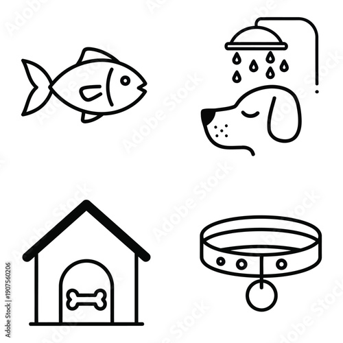 Pet care icons: fish, dog showering, dog house with bone, and collar, representing animal services and pet lifestyle.