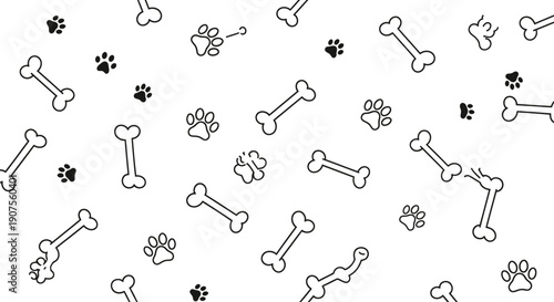 Cute seamless pattern with dog bones and paw prints on white background