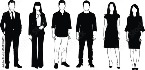 Collection of Six Detailed Black and White Silhouettes Featuring Men and Women in Business Suits and Casual Clothing Standing in Various Professional Poses