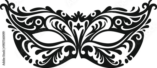 Ornate Venetian carnival mask silhouette isolated on white background, decorative masquerade design with floral baroque pattern illustration