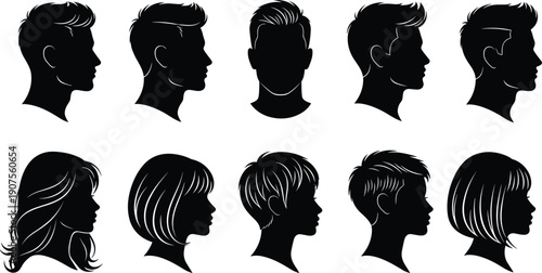 Collection of Ten Detailed Black Silhouettes Featuring Various Modern Male and Female Haircuts and Hairstyles in Profile View for Salon and Beauty Designs