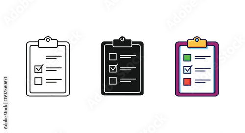 A set of three clipboard icons illustrating task completion status in outline solid and color styles