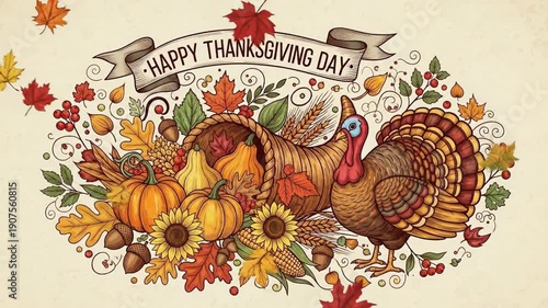 Wallpaper Mural Festive Thanksgiving Day arrangement featuring pumpkins, turkey, and autumnal decorations for celebration. Torontodigital.ca