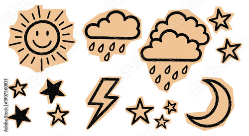 Weather doodle scrapbook elements. Hand drawn smiling sun, rain clouds, lightning bolt, moon and stars icons. Ink sketch texture on torn craft paper. Vector isolated sticker set collection.