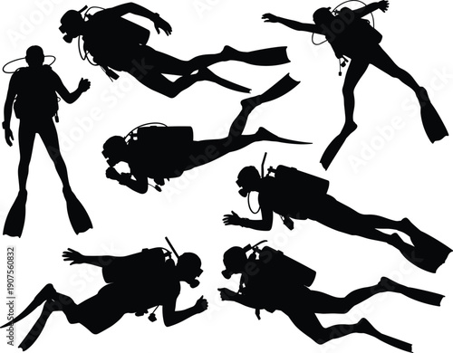 Scuba diver silhouettes collection in various underwater poses isolated on white background, diving equipment and marine adventure concept set