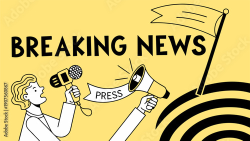 Trendy halftone collage of journalists' hands with microphones on yellow background..eps